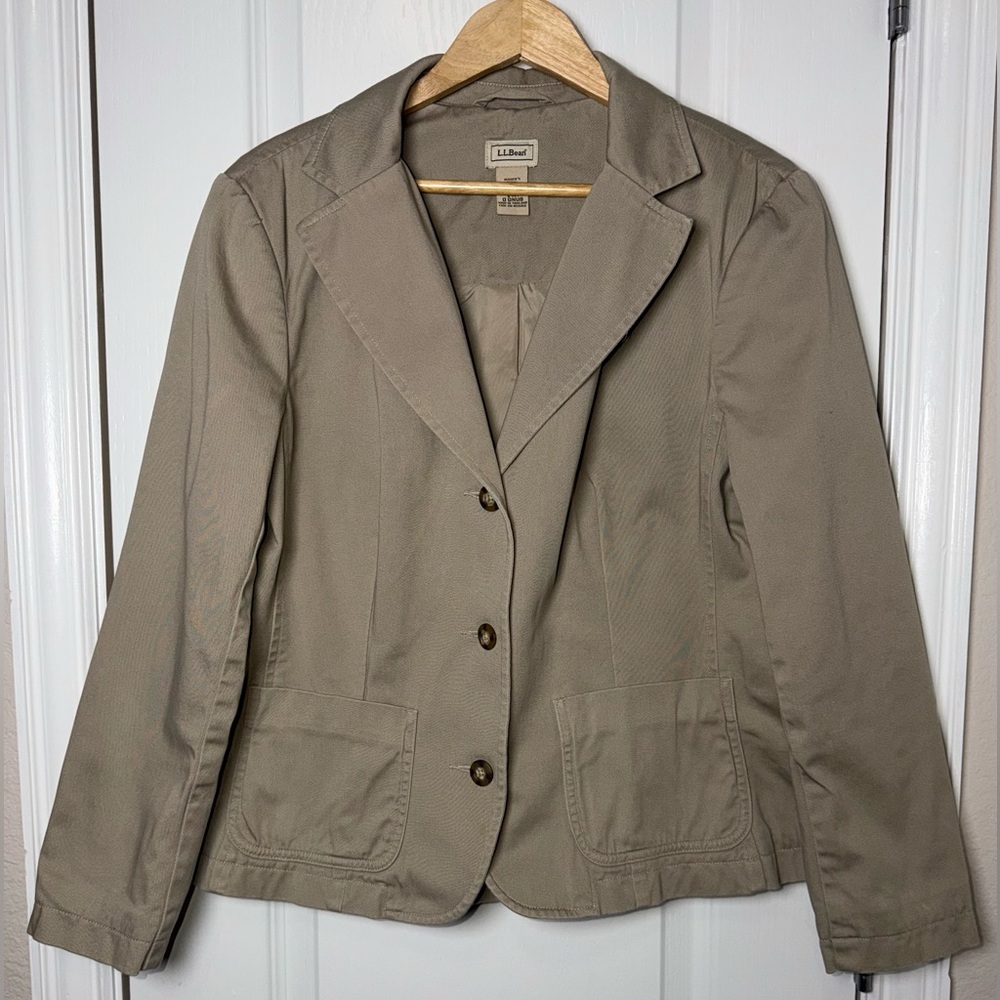 LL Bean Petite Stretch Cotton Blazer Jacket Tan/Beige Size 8 Petite